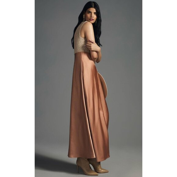 Anthropologie Mare Mare Mock-Neck Sleeveless Dress in Neutral Satin Knit Upper - Picture 4 of 8